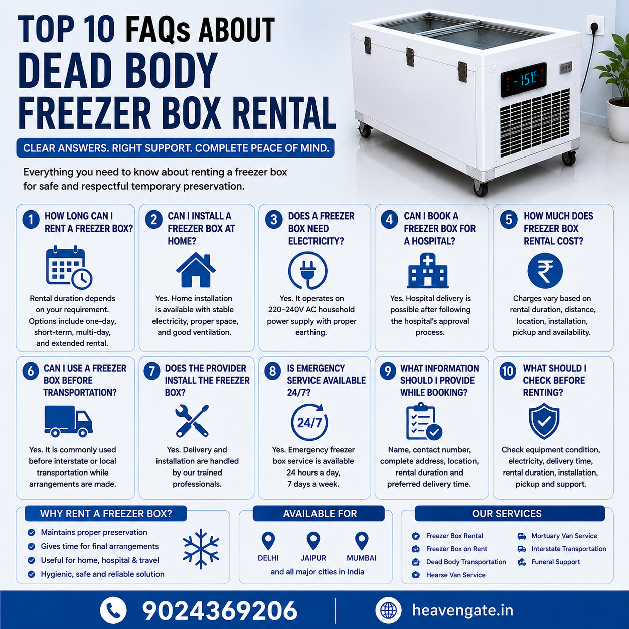 Top 10 FAQs About Dead Body Freezer Box Rental infographic with rental, installation, electricity, hospital delivery, and transportation guidance.