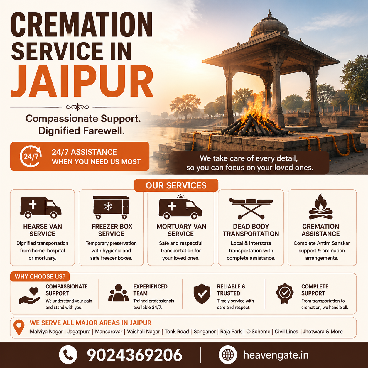 Cremation Service in Jaipur with 24/7 funeral assistance, hearse van, freezer box, mortuary van, and Antim Sanskar support.