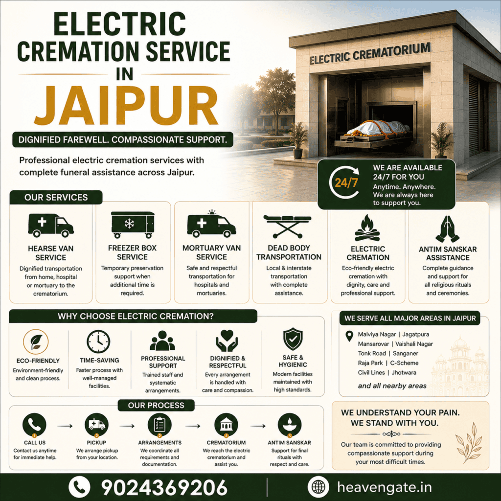 Electric Cremation Service in Jaipur with 24/7 funeral assistance, hearse van, freezer box, mortuary van, and Antim Sanskar support.