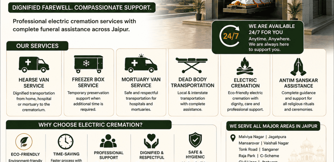 Electric Cremation Service in Jaipur with 24/7 funeral assistance, hearse van, freezer box, mortuary van, and Antim Sanskar support.