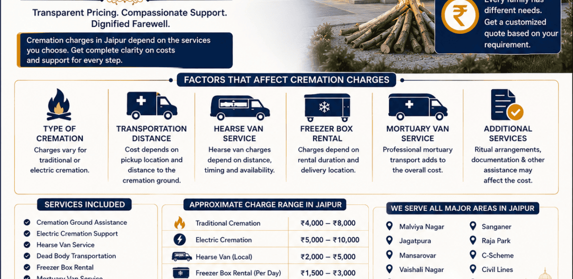 Cremation Charges in Jaipur infographic showing funeral cost factors, electric cremation, hearse van, freezer box, and 24/7 support.