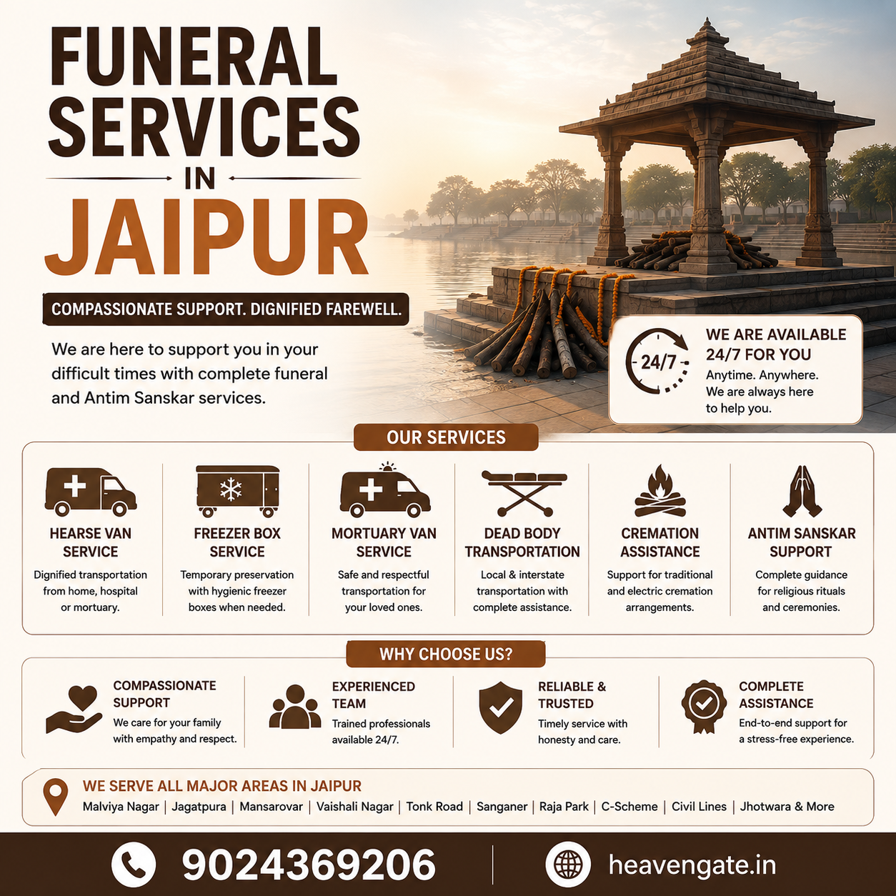 Funeral Services in Jaipur with 24/7 cremation assistance, hearse van, freezer box, mortuary van, and Antim Sanskar support.