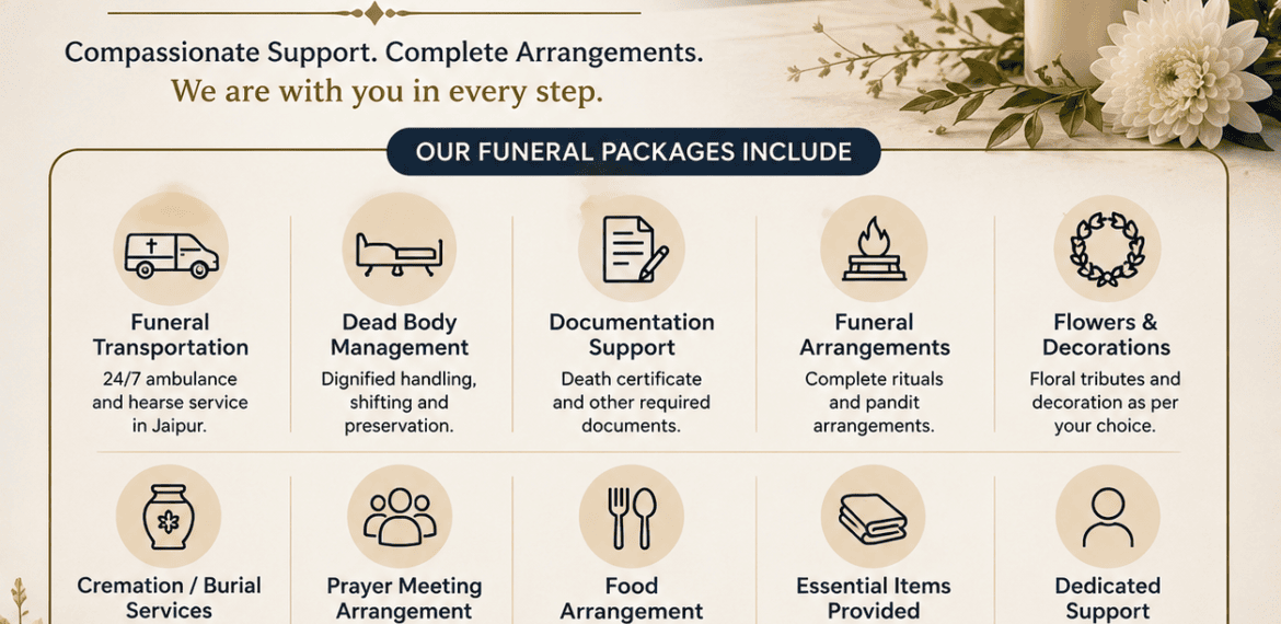 Funeral Packages in Jaipur with 24/7 cremation assistance, hearse van, freezer box, mortuary van, and complete Antim Sanskar support.