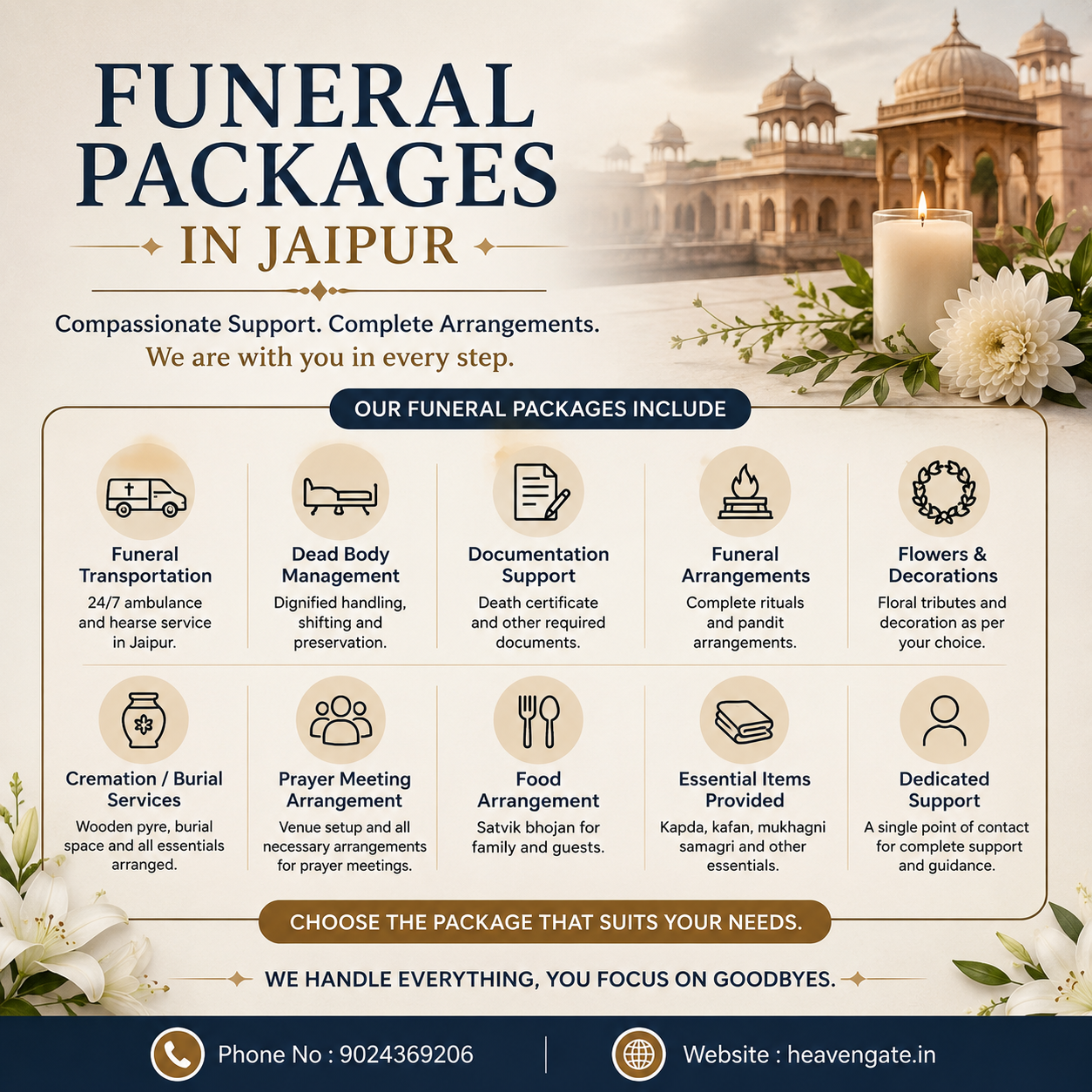 Funeral Packages in Jaipur with 24/7 cremation assistance, hearse van, freezer box, mortuary van, and complete Antim Sanskar support.