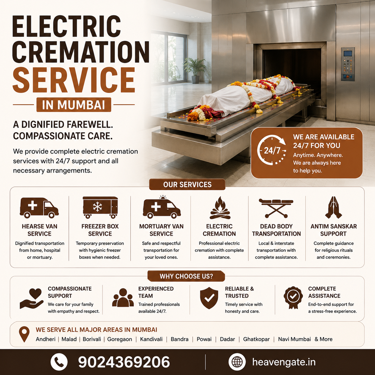 Electric Cremation Service in Mumbai with 24/7 funeral assistance, hearse van, freezer box, mortuary van, and Antim Sanskar support.