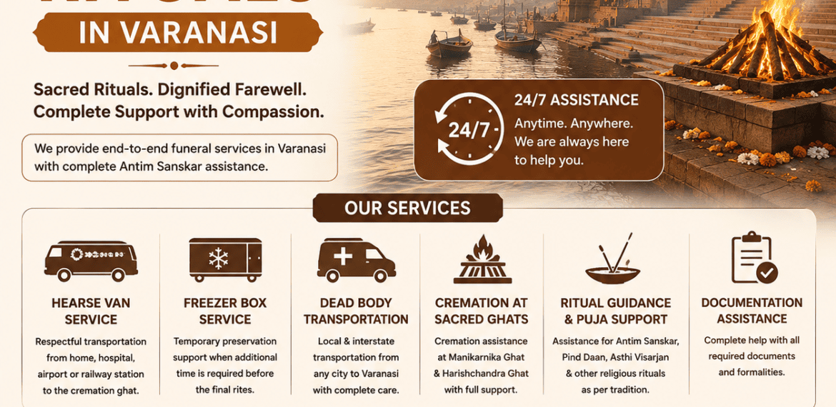 Complete Funeral Rituals in Varanasi with 24/7 Antim Sanskar assistance, hearse van, freezer box, cremation at Manikarnika and Harishchandra Ghat.