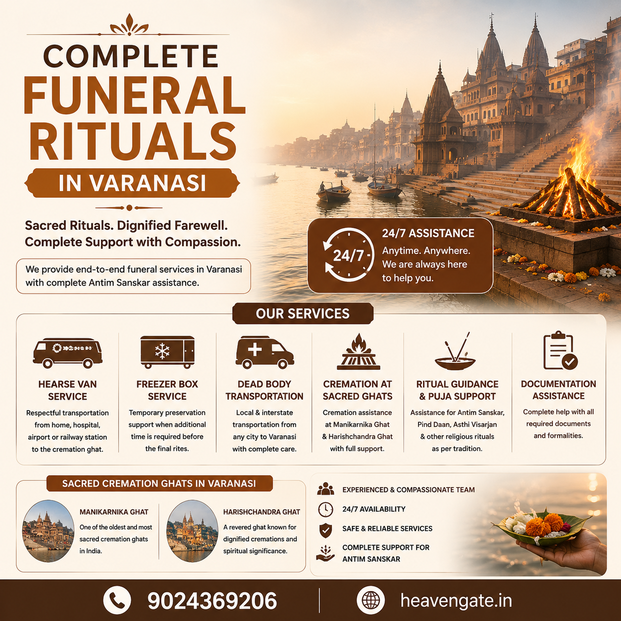 Complete Funeral Rituals in Varanasi with 24/7 Antim Sanskar assistance, hearse van, freezer box, cremation at Manikarnika and Harishchandra Ghat.