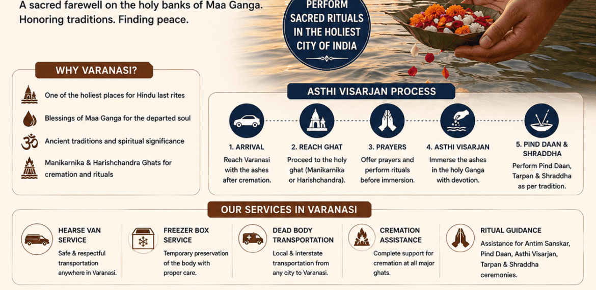 Asthi Visarjan in Varanasi complete guide with Manikarnika Ghat, Harishchandra Ghat, Pind Daan, Shraddha, and 24/7 ritual assistance.