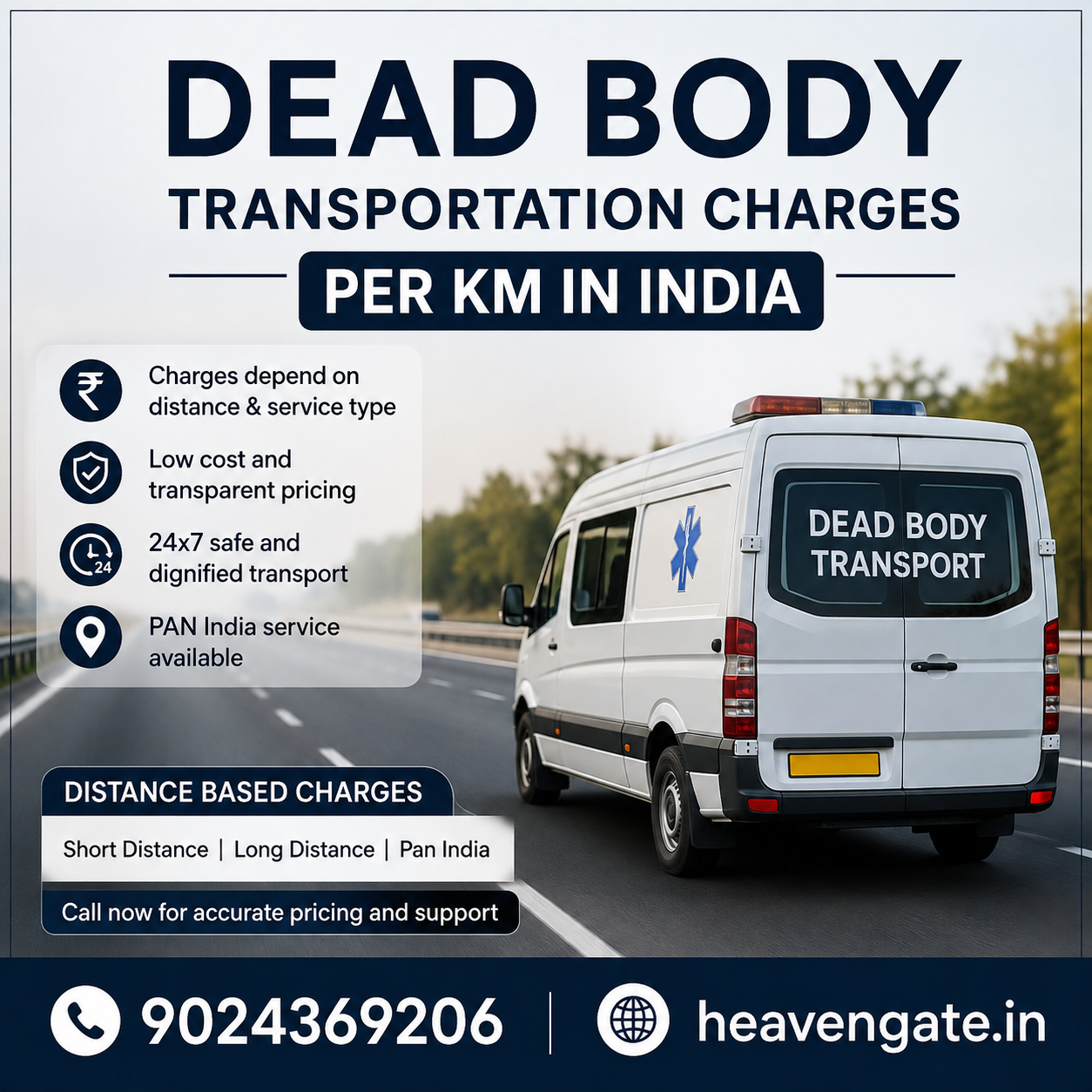 Dead Body Transportation Charges Per KM in India ambulance transport service by Heavengate