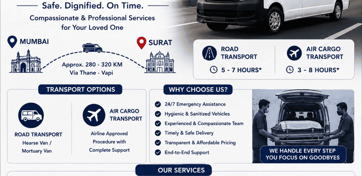 Dead body transportation from Mumbai to Surat using hearse van and mortuary van with safe interstate funeral transport service.