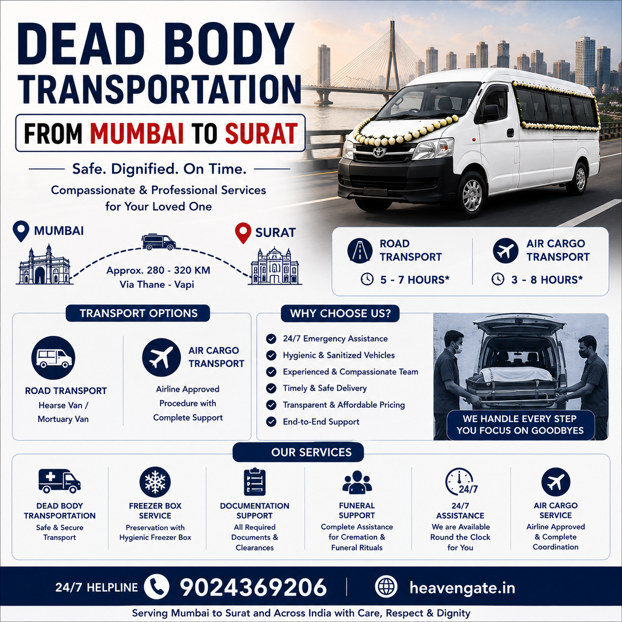 Dead body transportation from Mumbai to Surat using hearse van and mortuary van with safe interstate funeral transport service.