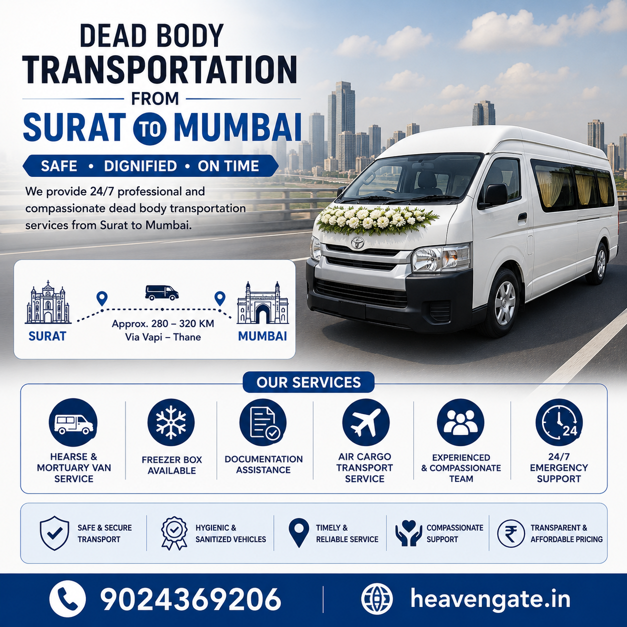 Dead body transportation from Surat to Mumbai using hearse van and mortuary van with safe interstate funeral transport service.