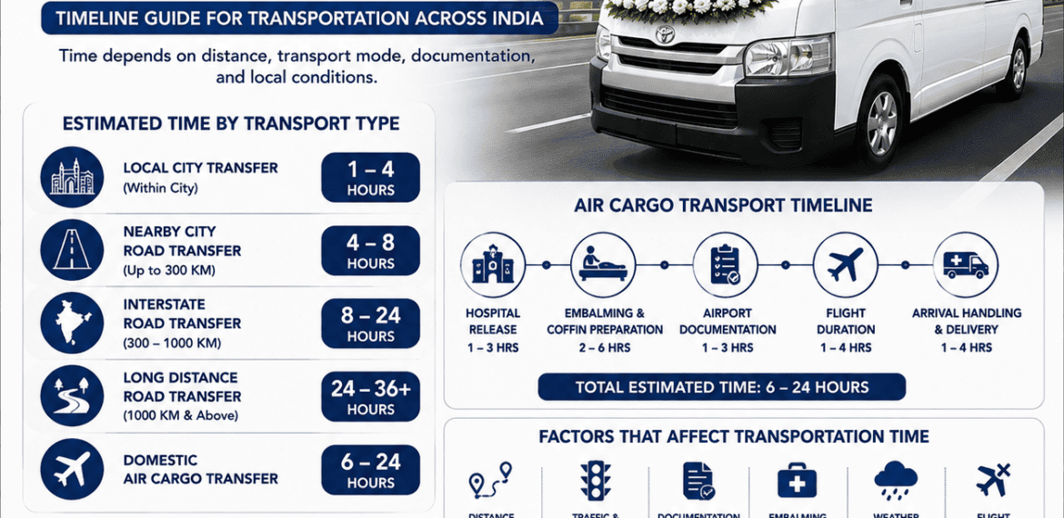 Domestic dead body transportation time in India infographic showing road transfer, air cargo transport, hearse van, mortuary van, and travel duration comparison.