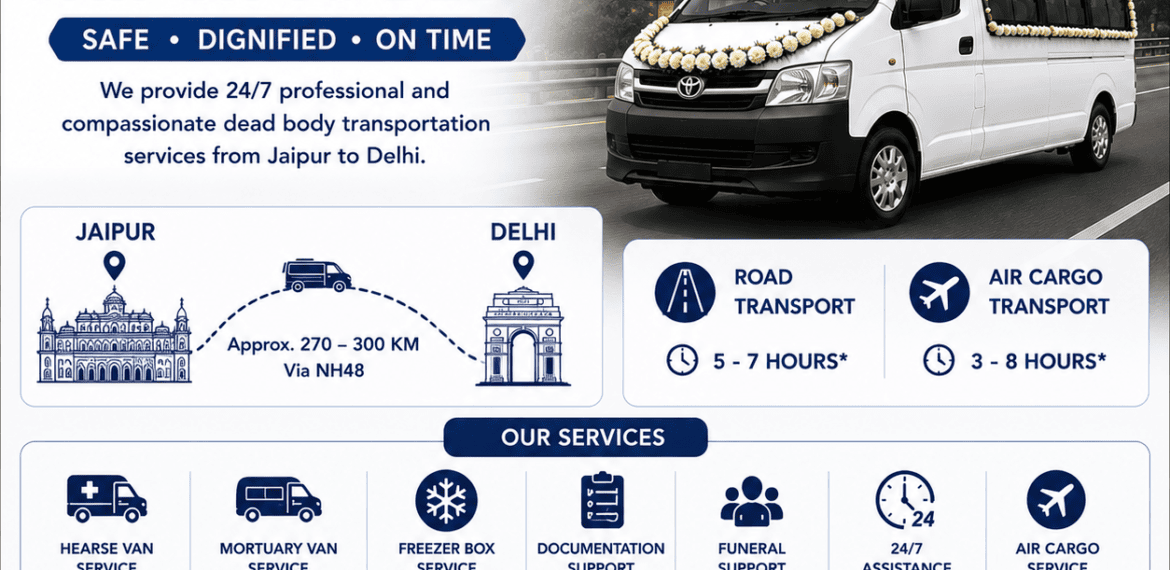 Dead body transportation from Jaipur to Delhi using hearse van and mortuary van with safe interstate funeral transport service.