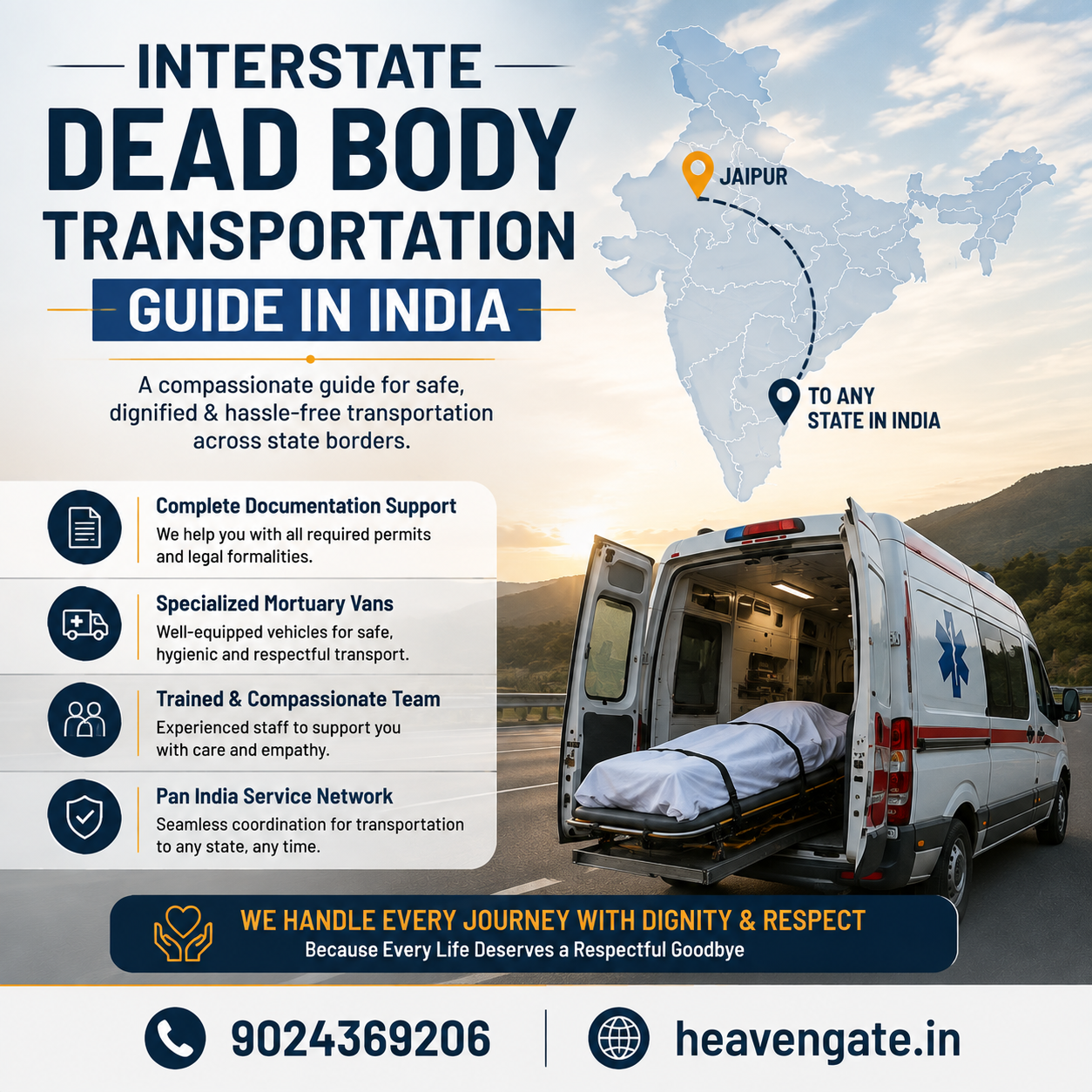 Interstate dead body transportation guide in India with ambulance service and professional funeral transport assistance.