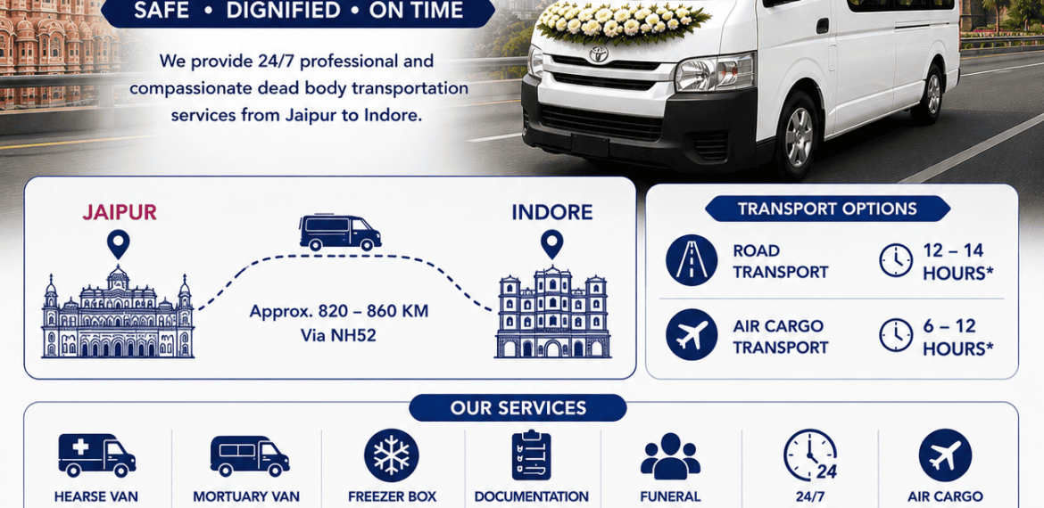 Dead body transportation from Jaipur to Indore using hearse van and mortuary van with safe interstate funeral transport service.