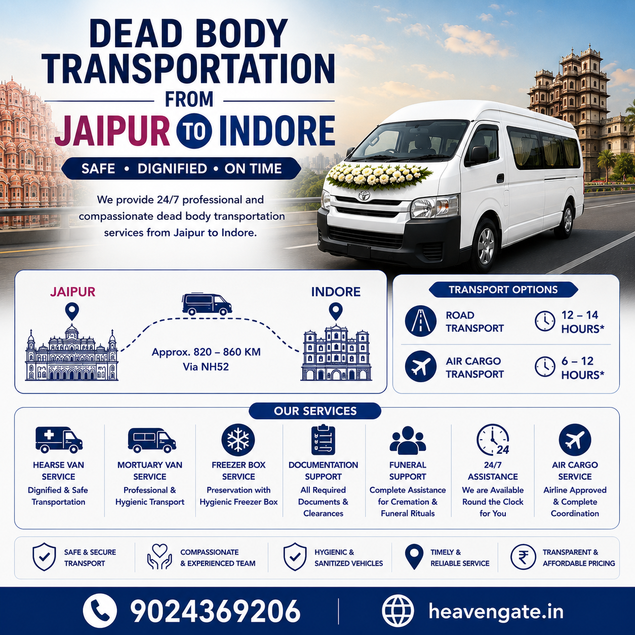 Dead body transportation from Jaipur to Indore using hearse van and mortuary van with safe interstate funeral transport service.
