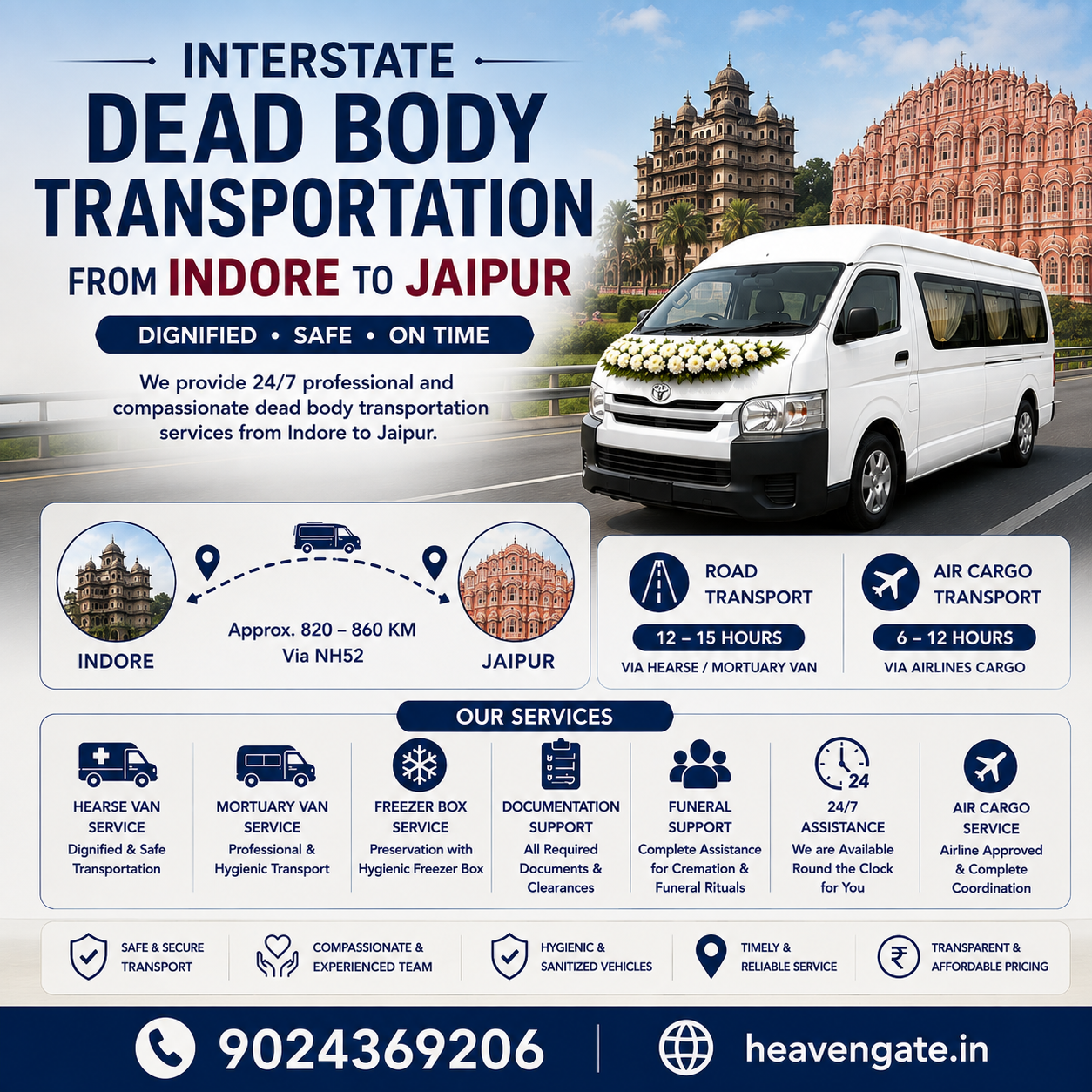 Interstate dead body transportation from Indore to Jaipur using hearse van and mortuary van with safe funeral transport service.