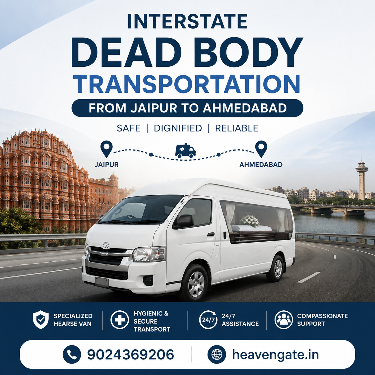 Interstate dead body transportation from Jaipur to Ahmedabad by hearse van