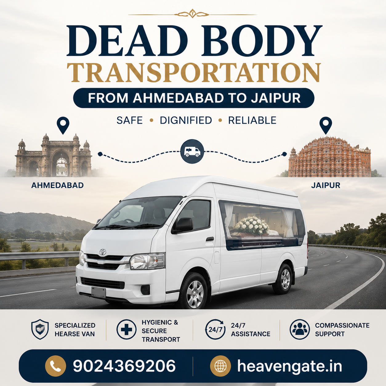 Dead body transportation from Ahmedabad to Jaipur by hearse van