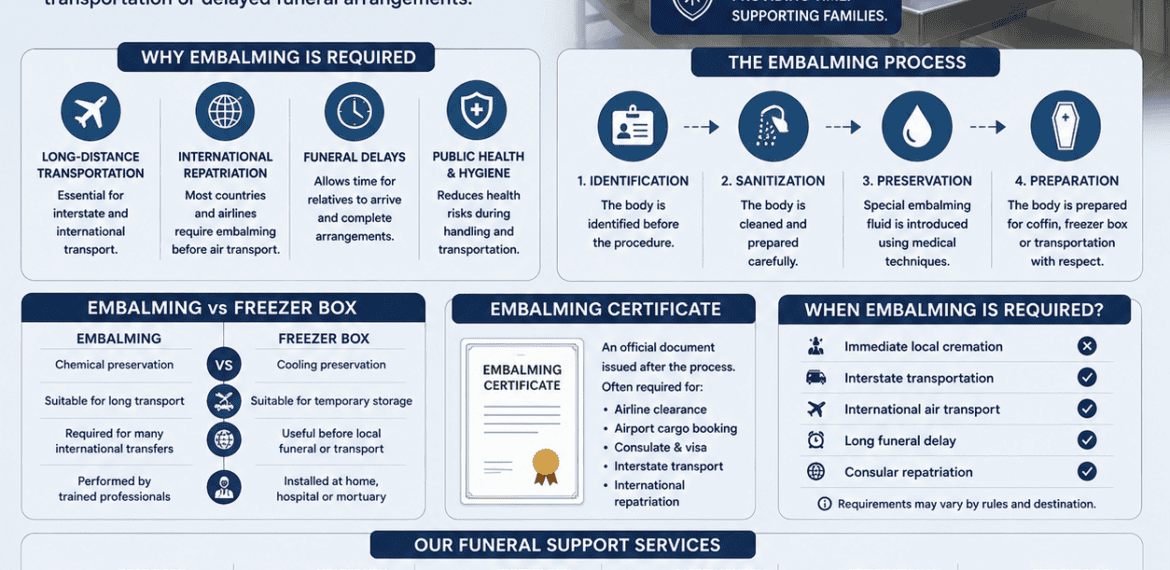 What Is Embalming and Why Is It Required infographic explaining body preservation, embalming certificate, transportation, and funeral support services.