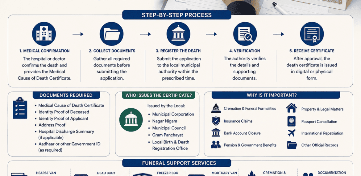 How to Apply for a Death Certificate in India infographic explaining the application process, required documents, registration, and funeral documentation.