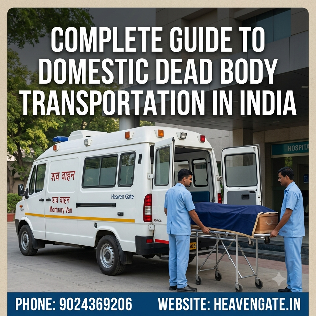 Domestic dead body transportation service in India featuring a mortuary van and professional assistance team.