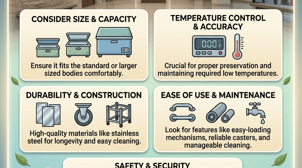 Guide infographic detailing key factors on how to choose the right dead body freezer box, including size, temperature control, durability, ease of use, and safety features.