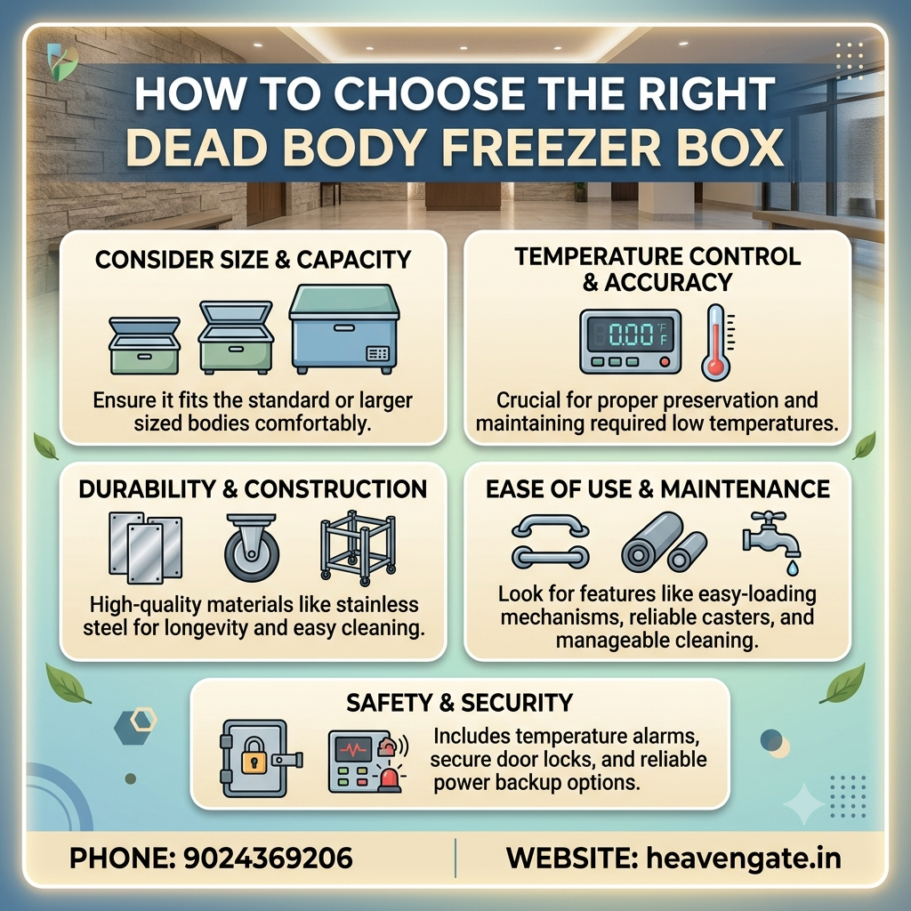 Guide infographic detailing key factors on how to choose the right dead body freezer box, including size, temperature control, durability, ease of use, and safety features.