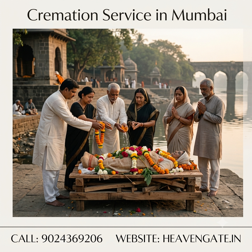 Cremation service Mumbai contact information banner with phone 9024369206 and website heavengate.in.