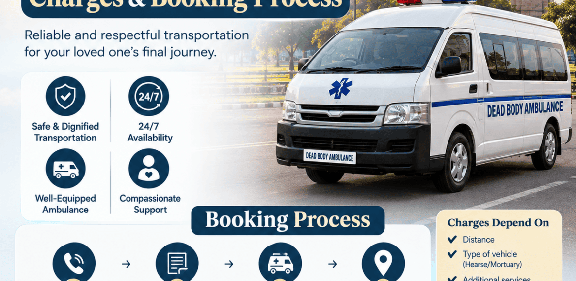 Dead Body Ambulance in Delhi infographic showing hearse ambulance, booking process, transportation charges, 24/7 availability, and dignified funeral transport service.