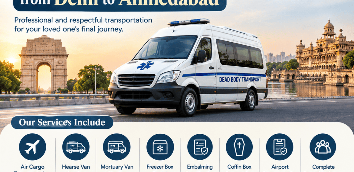 Dead Body Transportation from Delhi to Ahmedabad infographic showing air cargo, hearse van service, embalming, freezer box, airport documentation, and 24/7 interstate funeral assistance.