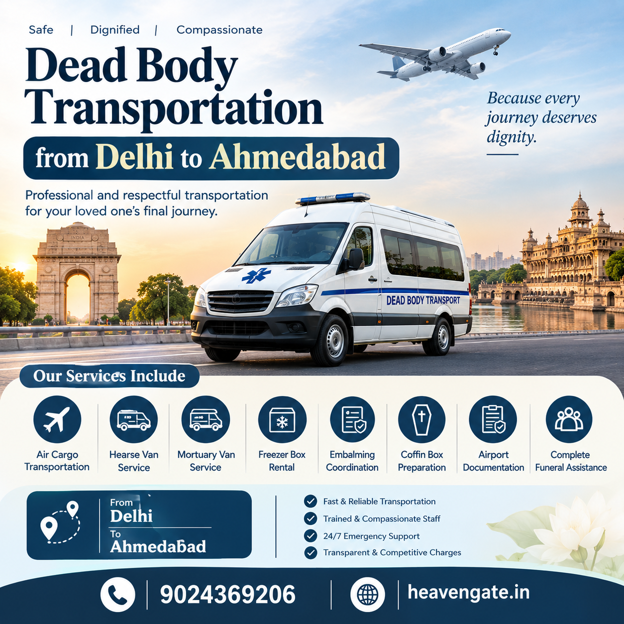 Dead Body Transportation from Delhi to Ahmedabad infographic showing air cargo, hearse van service, embalming, freezer box, airport documentation, and 24/7 interstate funeral assistance.