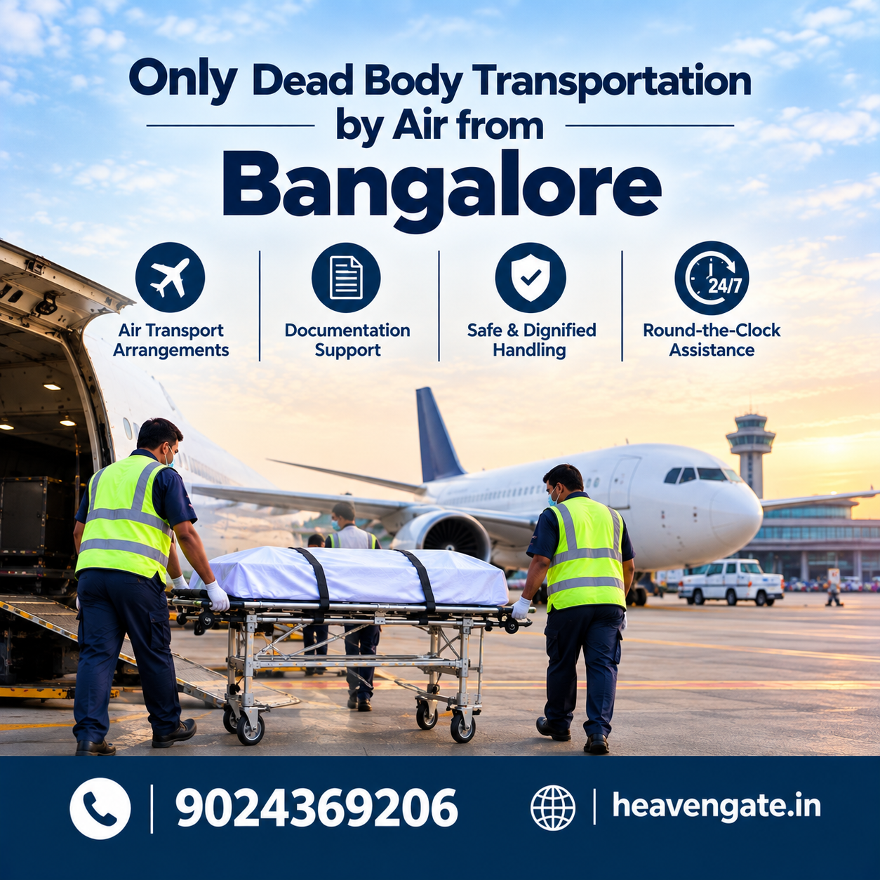 Dead Body Transportation by Air from Bangalore infographic showing air cargo transportation, airport documentation, embalming, coffin box preparation, hearse van service, and 24/7 funeral assistance.