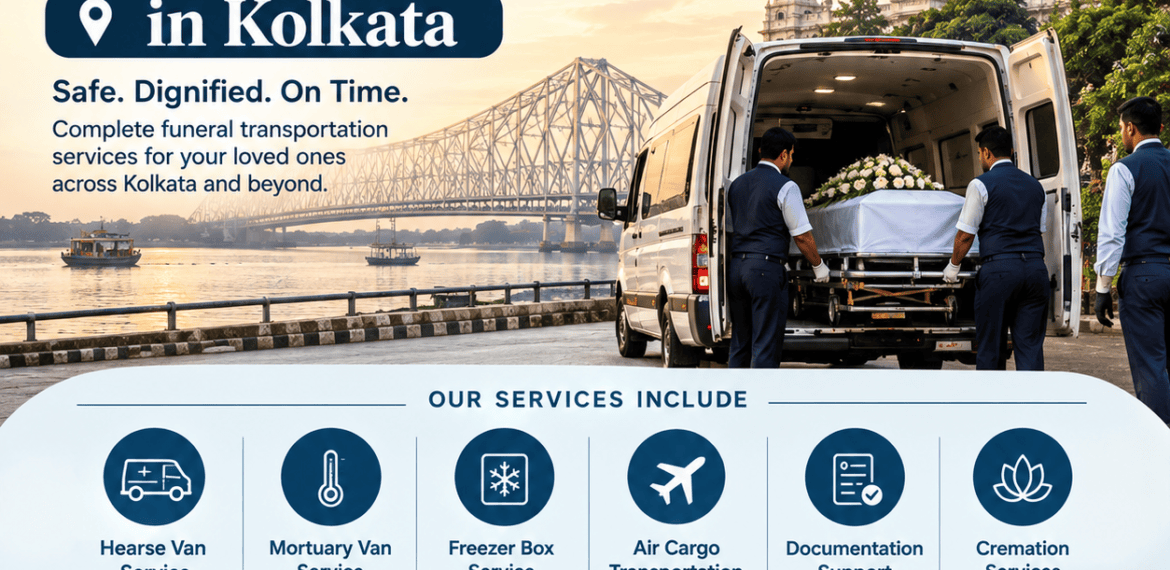 Dead Body Transportation in Kolkata infographic showing hearse van service, mortuary van, freezer box, air cargo transportation, documentation support, and 24/7 funeral assistance.