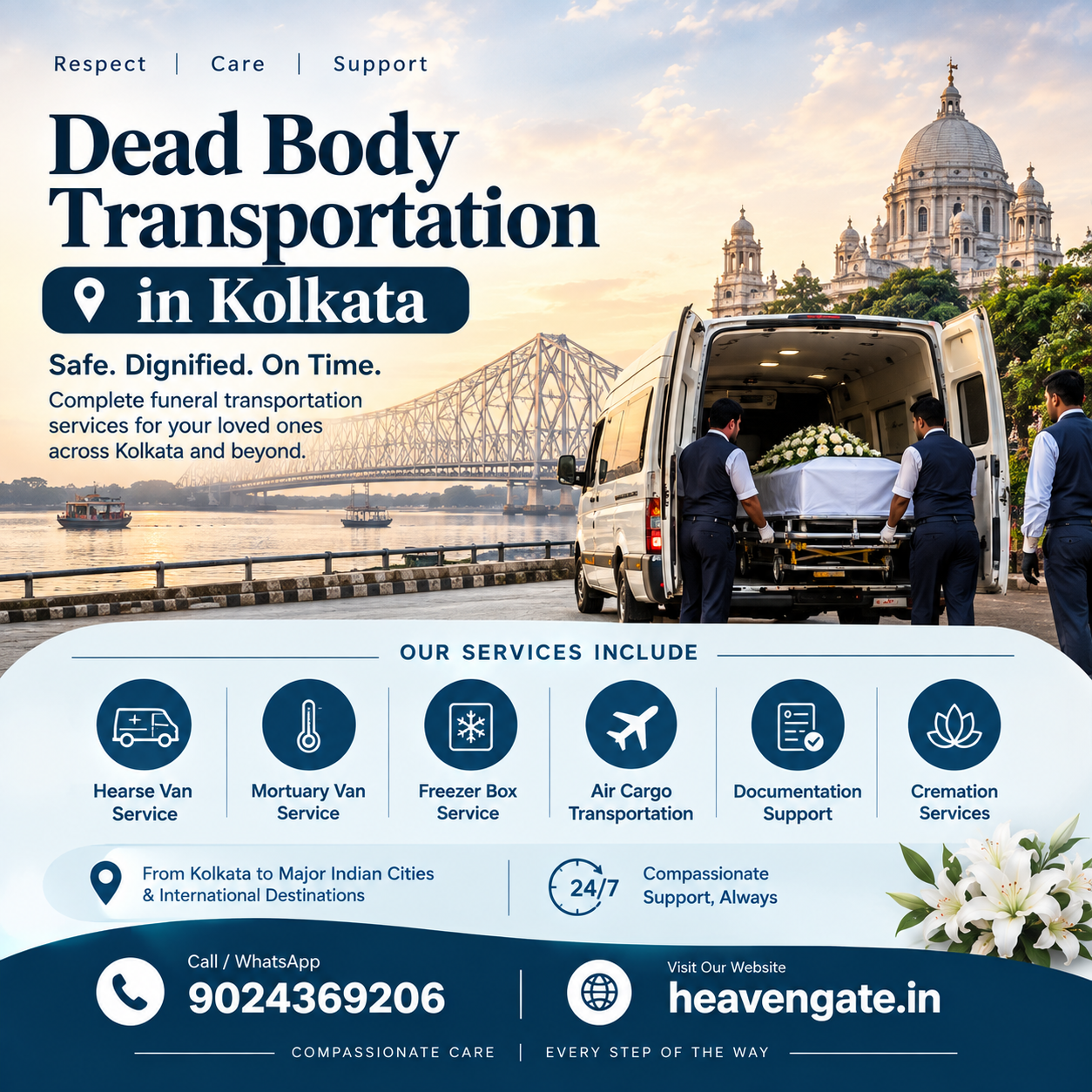 Dead Body Transportation in Kolkata infographic showing hearse van service, mortuary van, freezer box, air cargo transportation, documentation support, and 24/7 funeral assistance.
