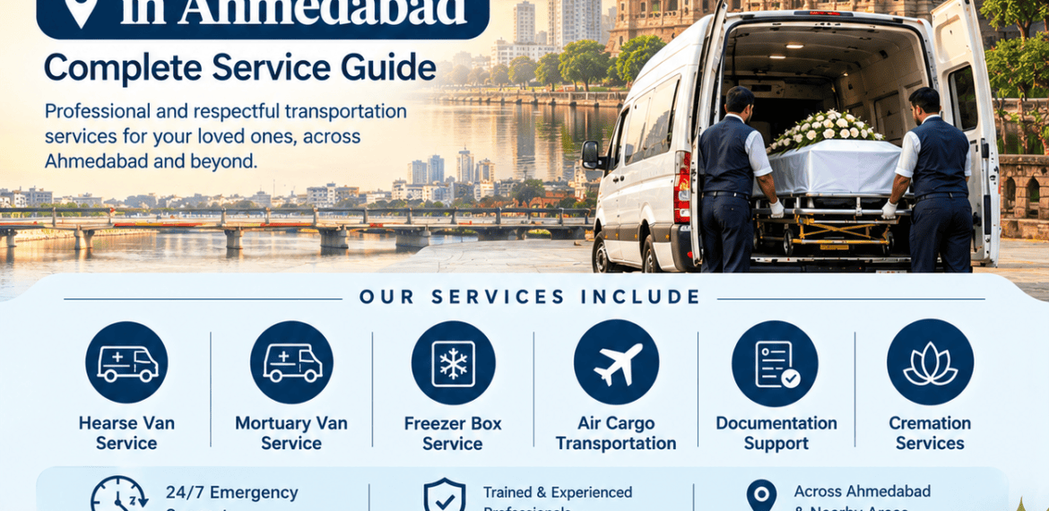 Dead Body Transportation in Ahmedabad infographic showing hearse van service, mortuary van, freezer box, air cargo transportation, documentation support, cremation services, and 24/7 funeral assistance.