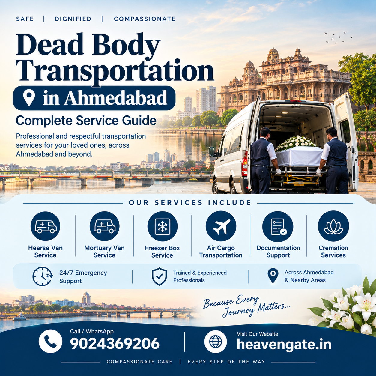 Dead Body Transportation in Ahmedabad infographic showing hearse van service, mortuary van, freezer box, air cargo transportation, documentation support, cremation services, and 24/7 funeral assistance.