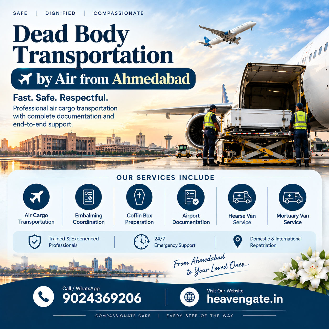 Dead Body Transportation by Air from Ahmedabad infographic showing air cargo transportation, airport documentation, embalming, coffin box preparation, hearse van service, and 24/7 funeral assistance.