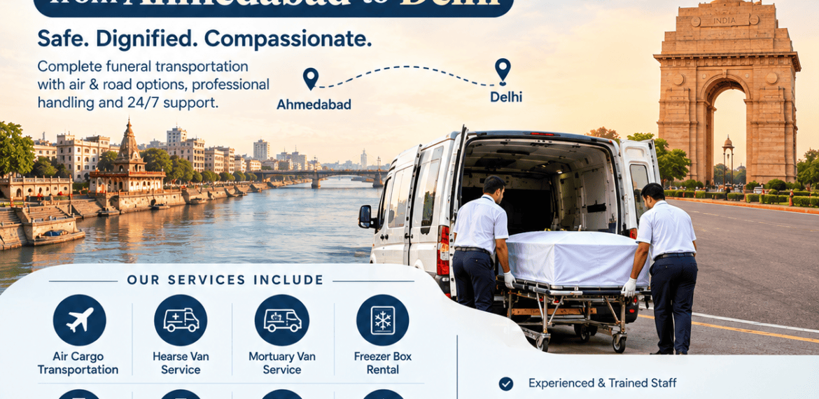 Dead Body Transportation from Ahmedabad to Delhi infographic showing air cargo transportation, hearse van service, mortuary van support, freezer box, embalming, airport documentation, and 24/7 funeral assistance.