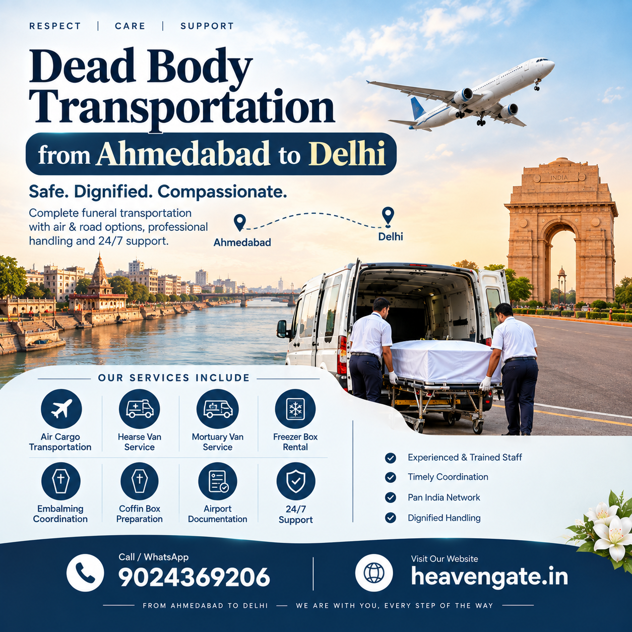 Dead Body Transportation from Ahmedabad to Delhi infographic showing air cargo transportation, hearse van service, mortuary van support, freezer box, embalming, airport documentation, and 24/7 funeral assistance.