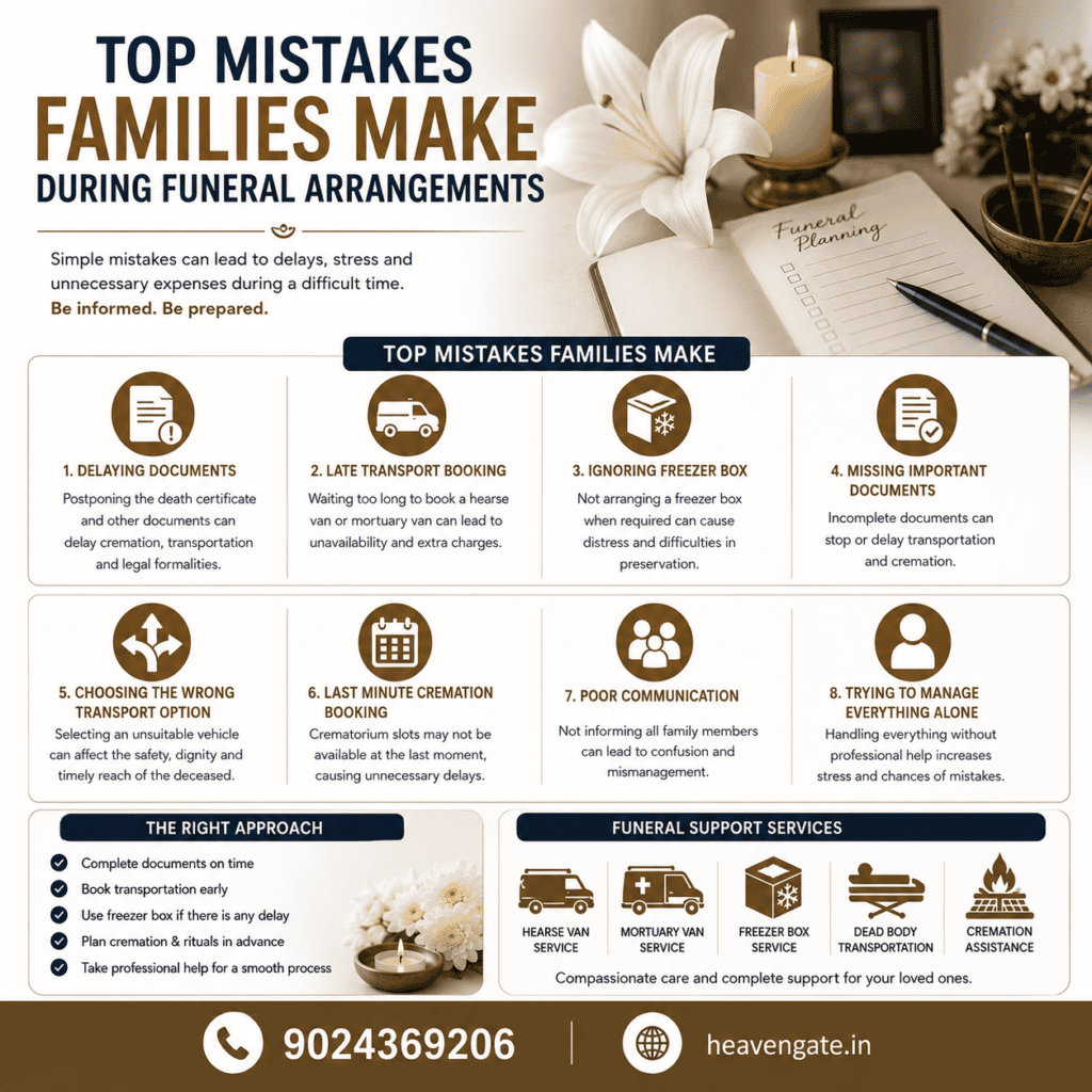 Top Mistakes Families Make During Funeral Arrangements infographic showing documentation, transportation, freezer box, cremation booking, and funeral planning tips.