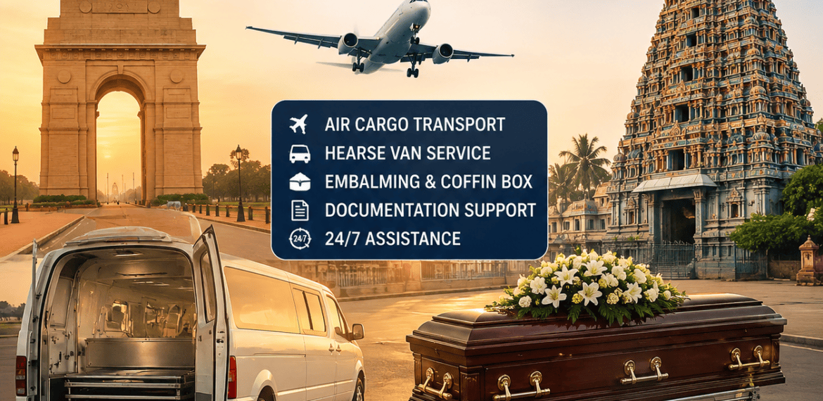 Dead Body Transportation from Delhi to Chennai infographic showing air cargo, hearse van service, embalming, coffin box, airport documentation, and 24/7 funeral assistance.
