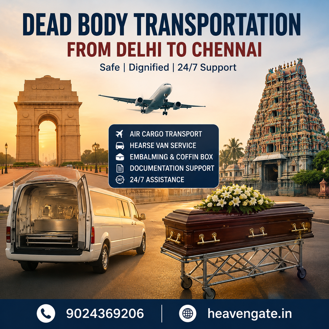 Dead Body Transportation from Delhi to Chennai infographic showing air cargo, hearse van service, embalming, coffin box, airport documentation, and 24/7 funeral assistance.