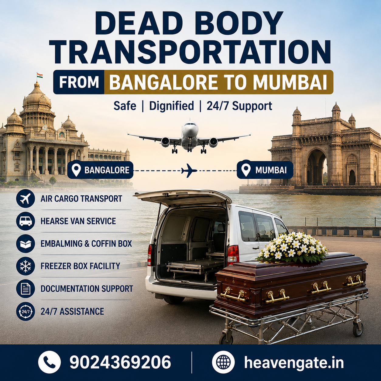 Dead Body Transportation from Bangalore to Mumbai infographic showing air cargo, hearse van service, embalming, freezer box, airport documentation, and 24/7 interstate funeral assistance.