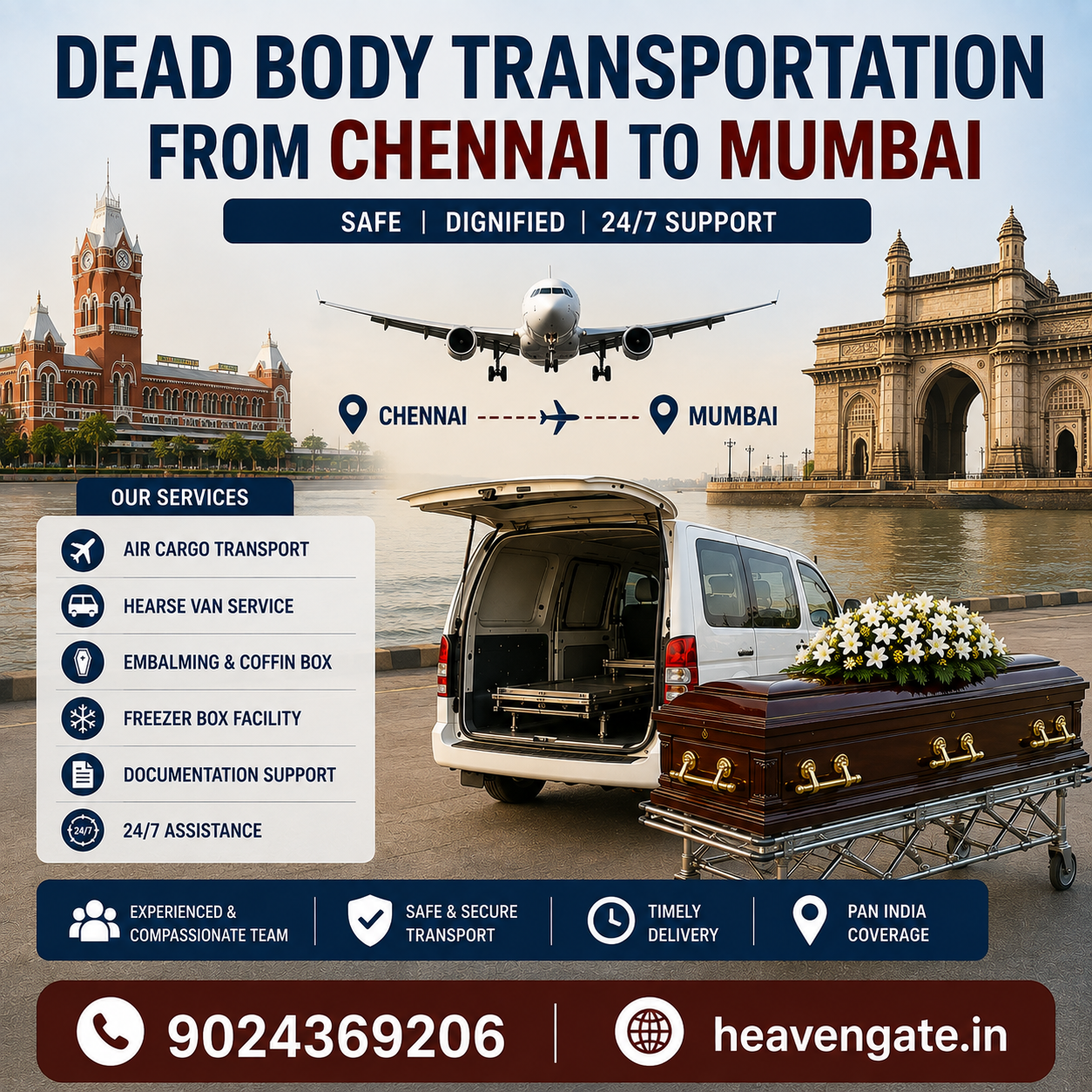Dead Body Transportation from Chennai to Mumbai infographic showing air cargo, hearse van service, embalming, freezer box, airport documentation, and 24/7 interstate funeral assistance.