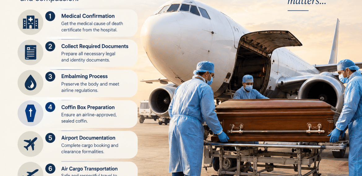 Prepare a Body for Domestic Air Transportation infographic showing embalming, coffin box preparation, airport documentation, air cargo handling, and 24/7 funeral assistance.