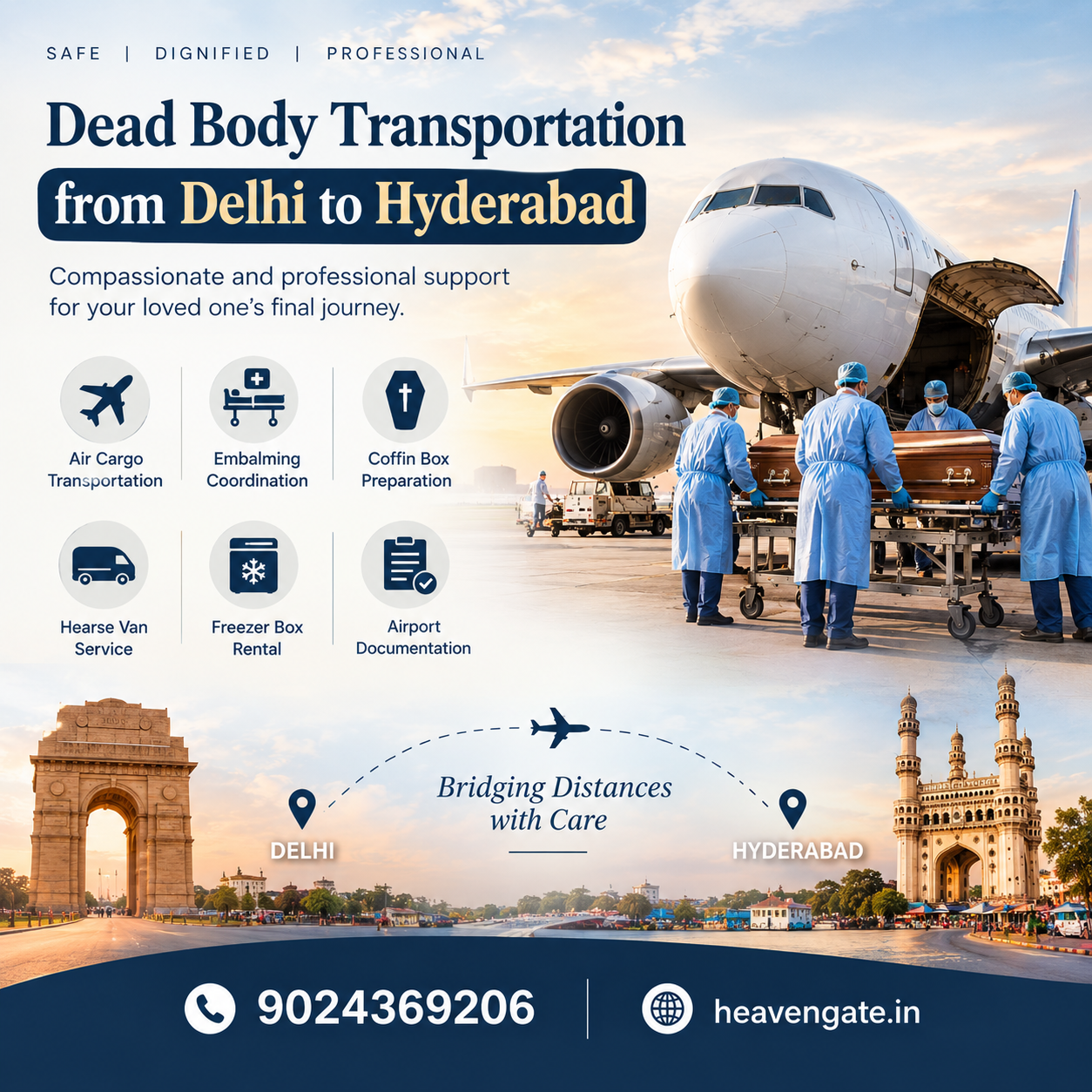 Dead Body Transportation from Delhi to Hyderabad infographic showing air cargo, hearse van service, embalming, freezer box, airport documentation, and 24/7 interstate funeral assistance.