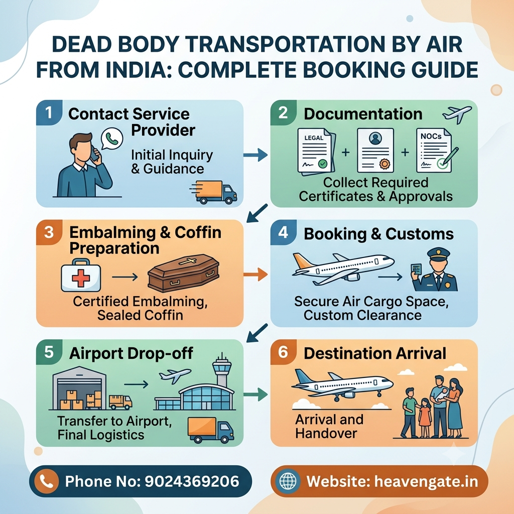 Infographic titled "Dead Body Transportation by Air from India: Complete Booking Guide" outlining six steps: Contact Service Provider, Documentation, Embalming & Coffin Preparation, Booking & Customs, Airport Drop-off, and Destination Arrival. Includes contact phone number 9024369206 and website heavengate.in.