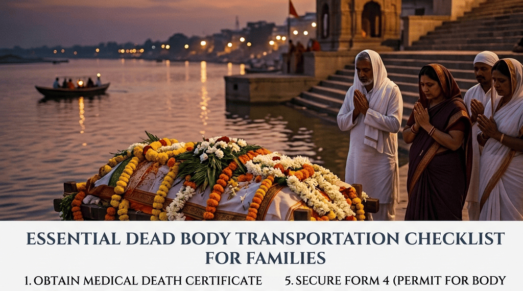 Dignified checklist infographic for families on dead body transportation in India, featuring crucial steps and contact info for heavengate.in.